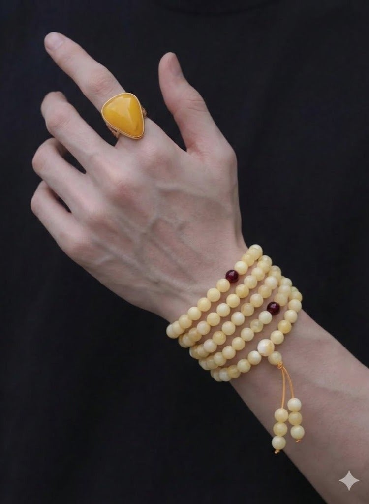 عام مجموعة مكونة من 99 خرزة تسبيح من الكهرمان الصناعي وخاتم مفتوح للرجال / سبحة / 6 مم - Image 2